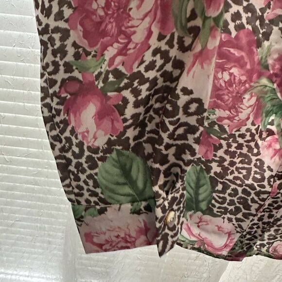 Guess M-L Brown Pink Animal Print Peony Floral Button Front Long Sleeve Blouse - Picture 5 of 13